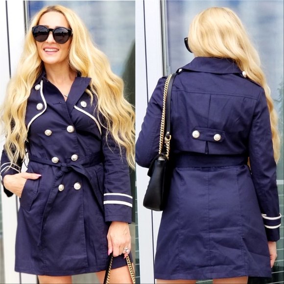 ELIZEBATH Trench Coat Jacket Navy Fall Trench - Picture 2 of 3